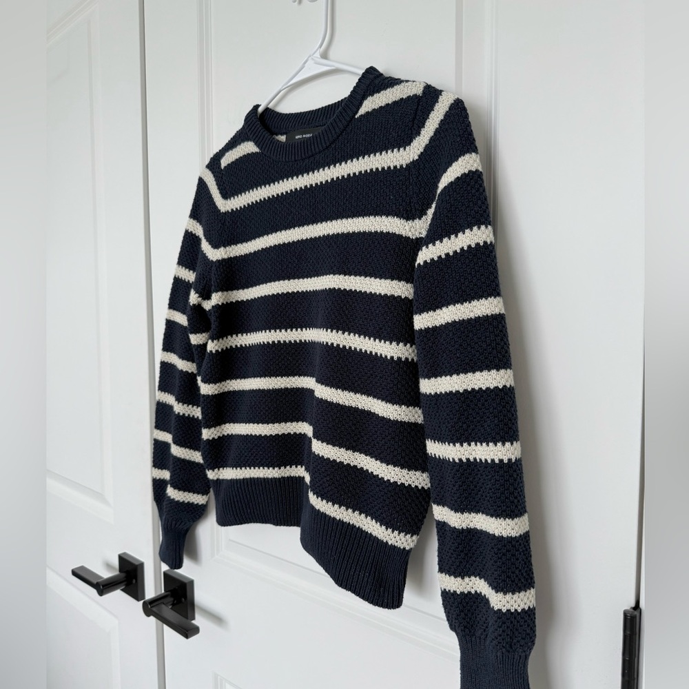 Navy Blue and White Striped Knit Crewneck Sweater
